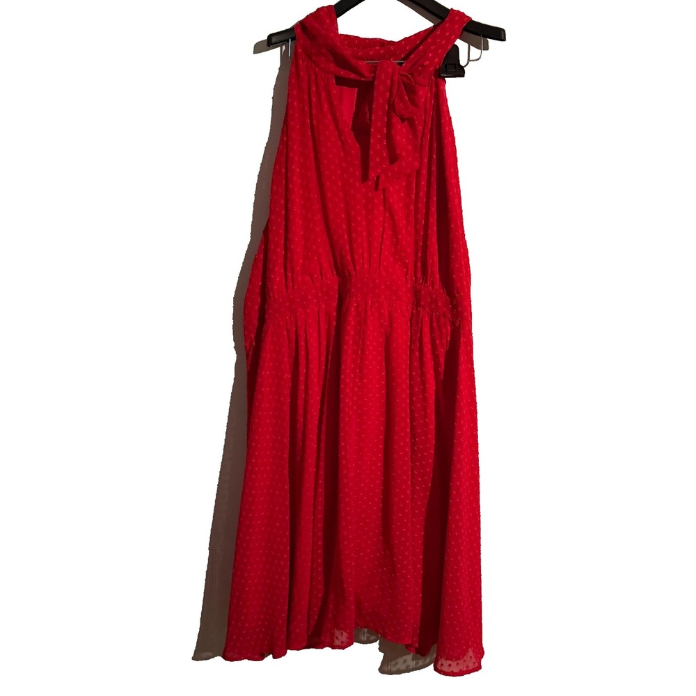 Retro Chic Torrid‎ Jester Red Textured Dot Chiffon Dress Size 30 Retro Tie Neck